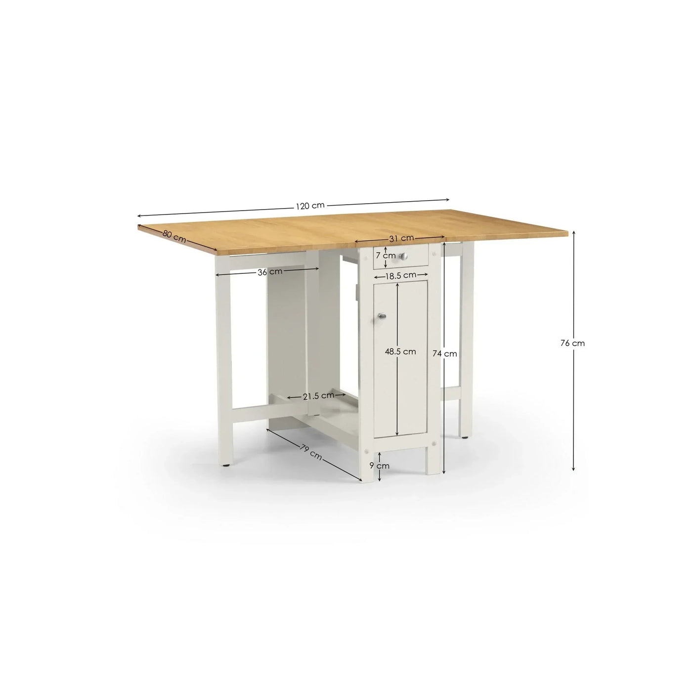 Wood dining table with white base, storage cabinet, and measurements labeled on all sides