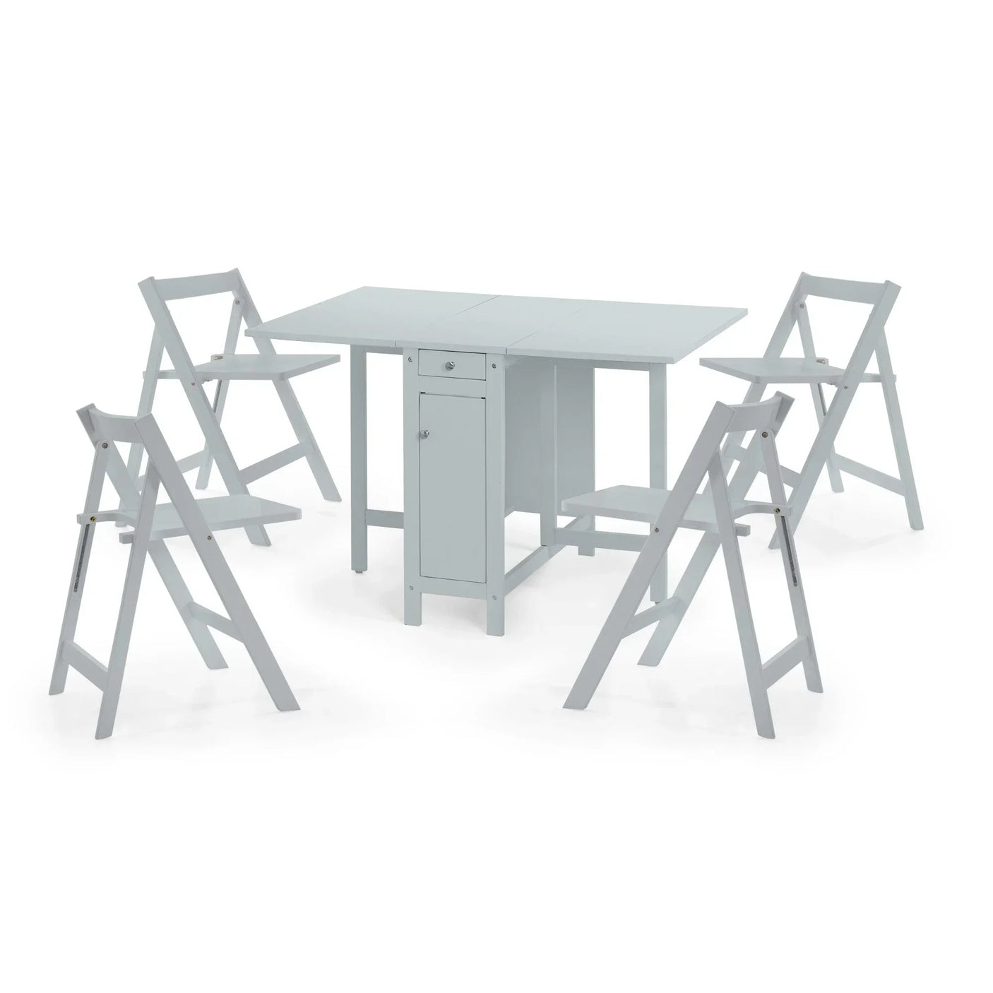 Foldable dining table set with four matching chairs in light grey finish on white background