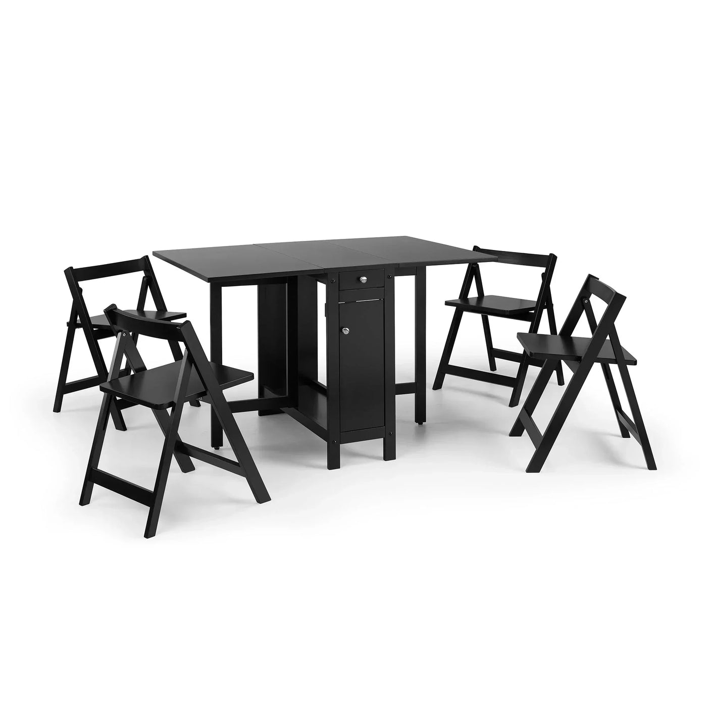 Black dining set with foldable table and four matching chairs on white background