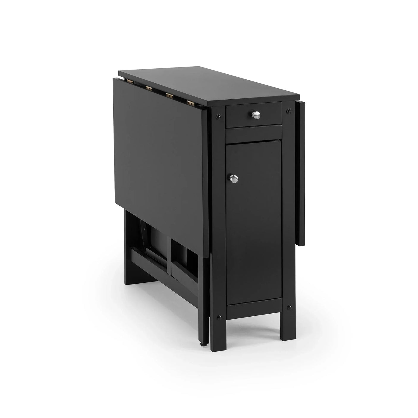 Black folding dining set with compact drop leaf table and integrated storage cabinet