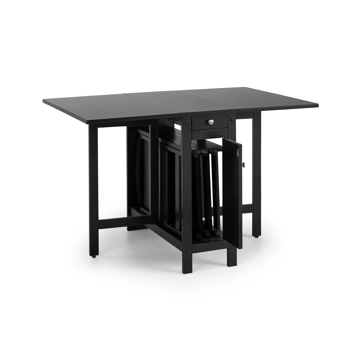 Black folding dining table set with built-in chair storage on white background