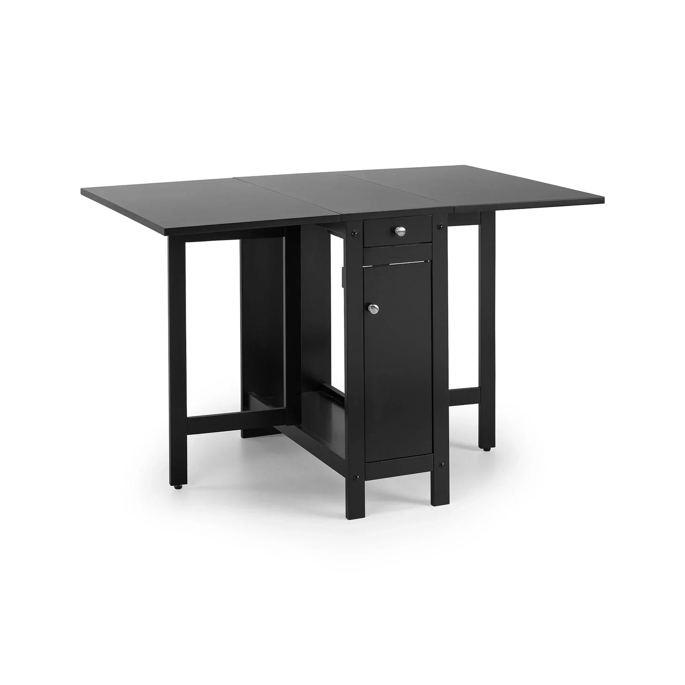 Black dining table with foldable sides and built-in storage drawer, isolated on white background
