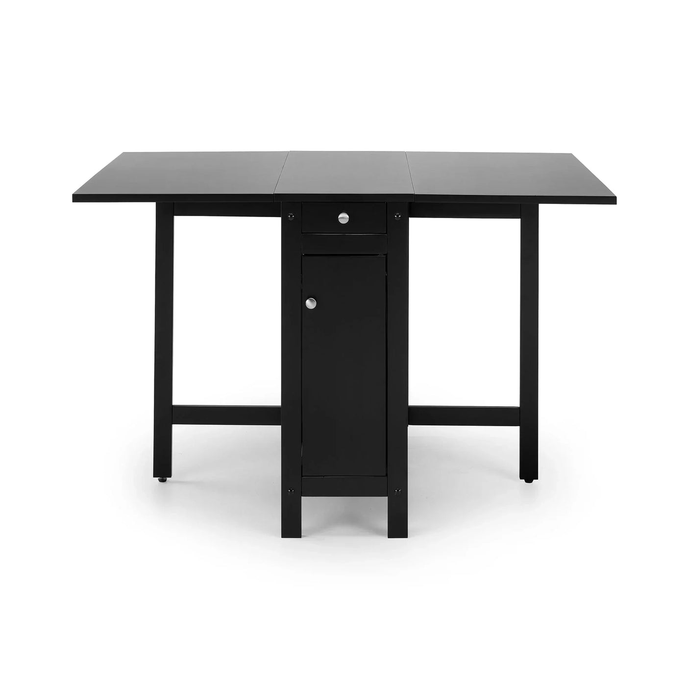 Black dining table with foldable leaves, center storage drawer and cabinet, front view