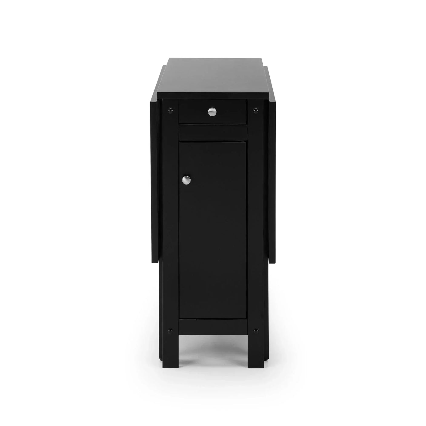 Black Savoy dining set table end view with storage drawer and cabinet