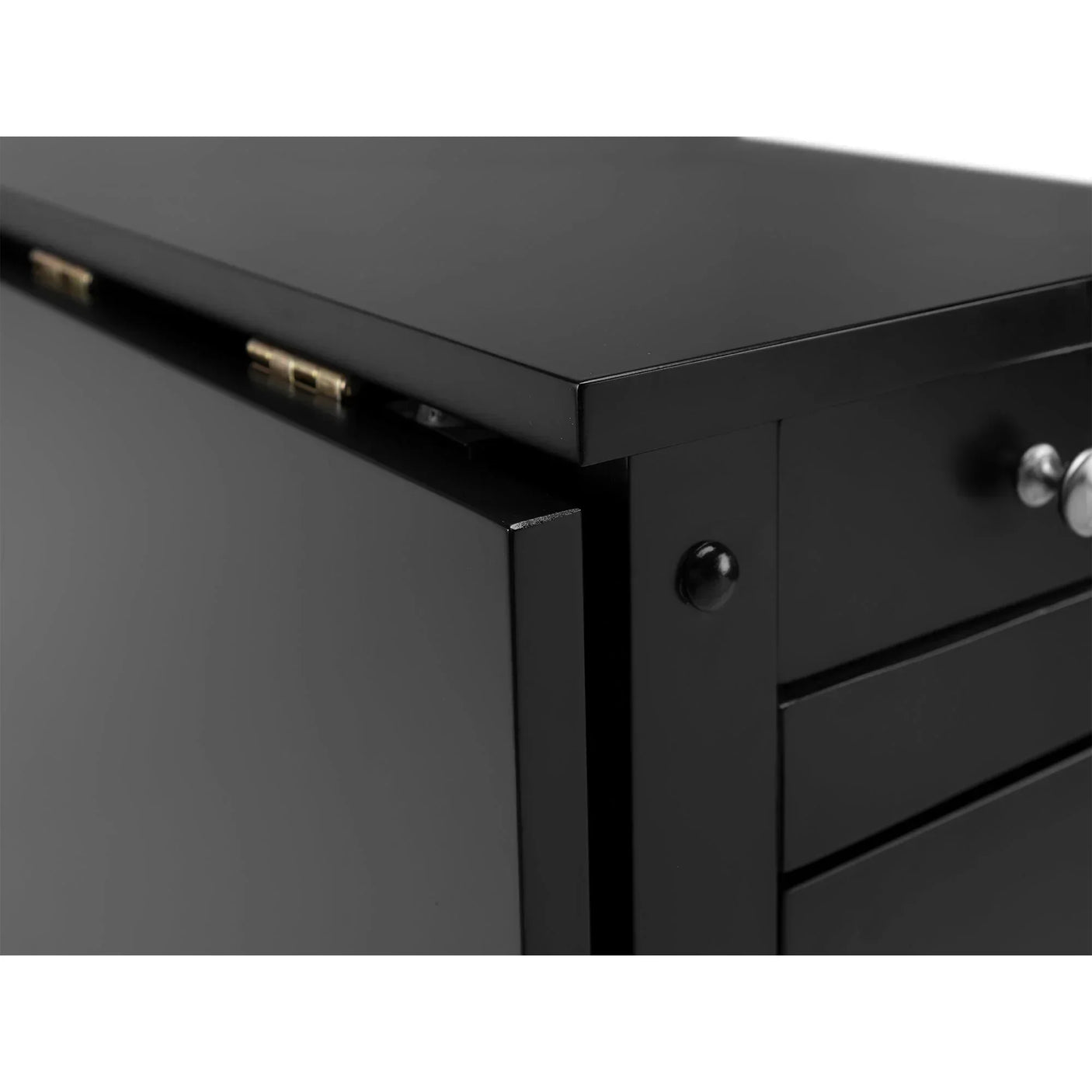 Black dining set sideboard detail with hinges and metal drawer knobs