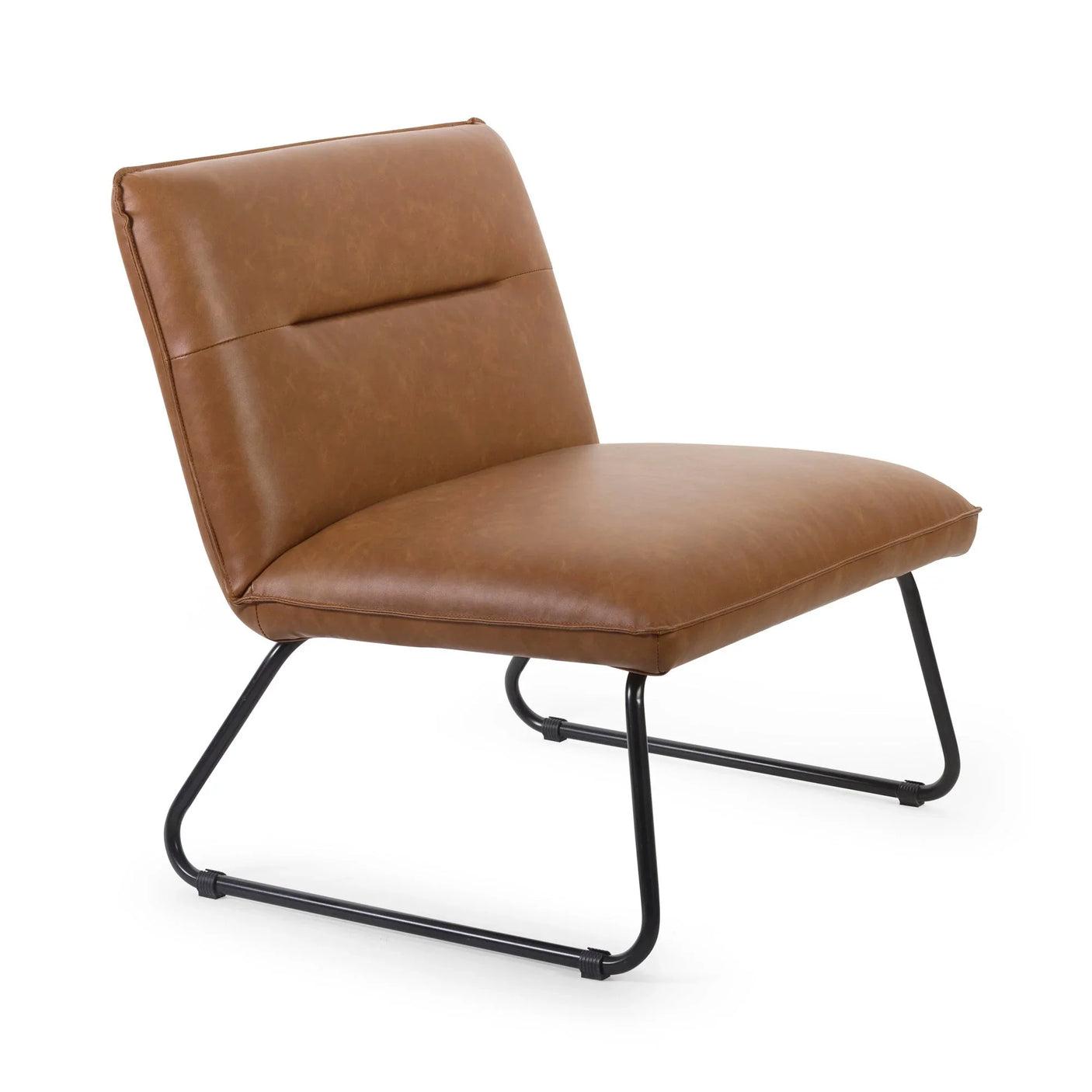 Brown faux leather accent chair with black metal legs, angled side view