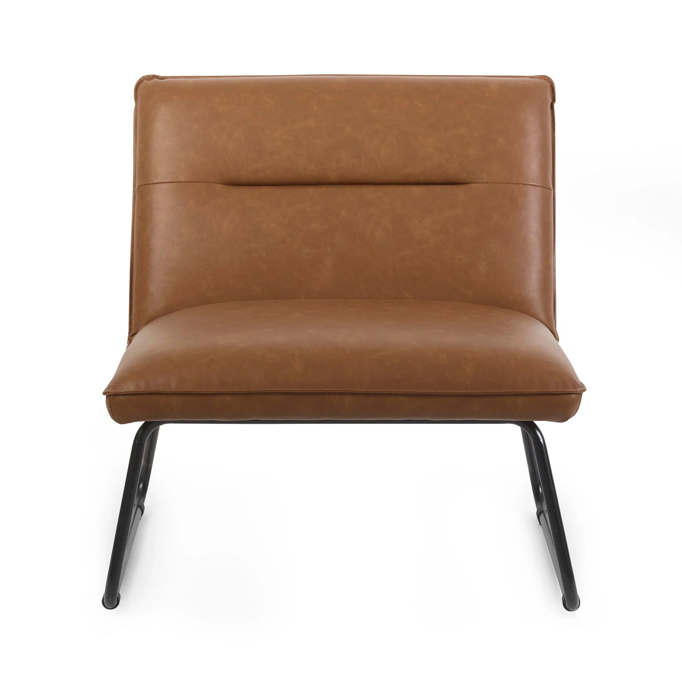 Brown leather accent chair with black metal legs, front view