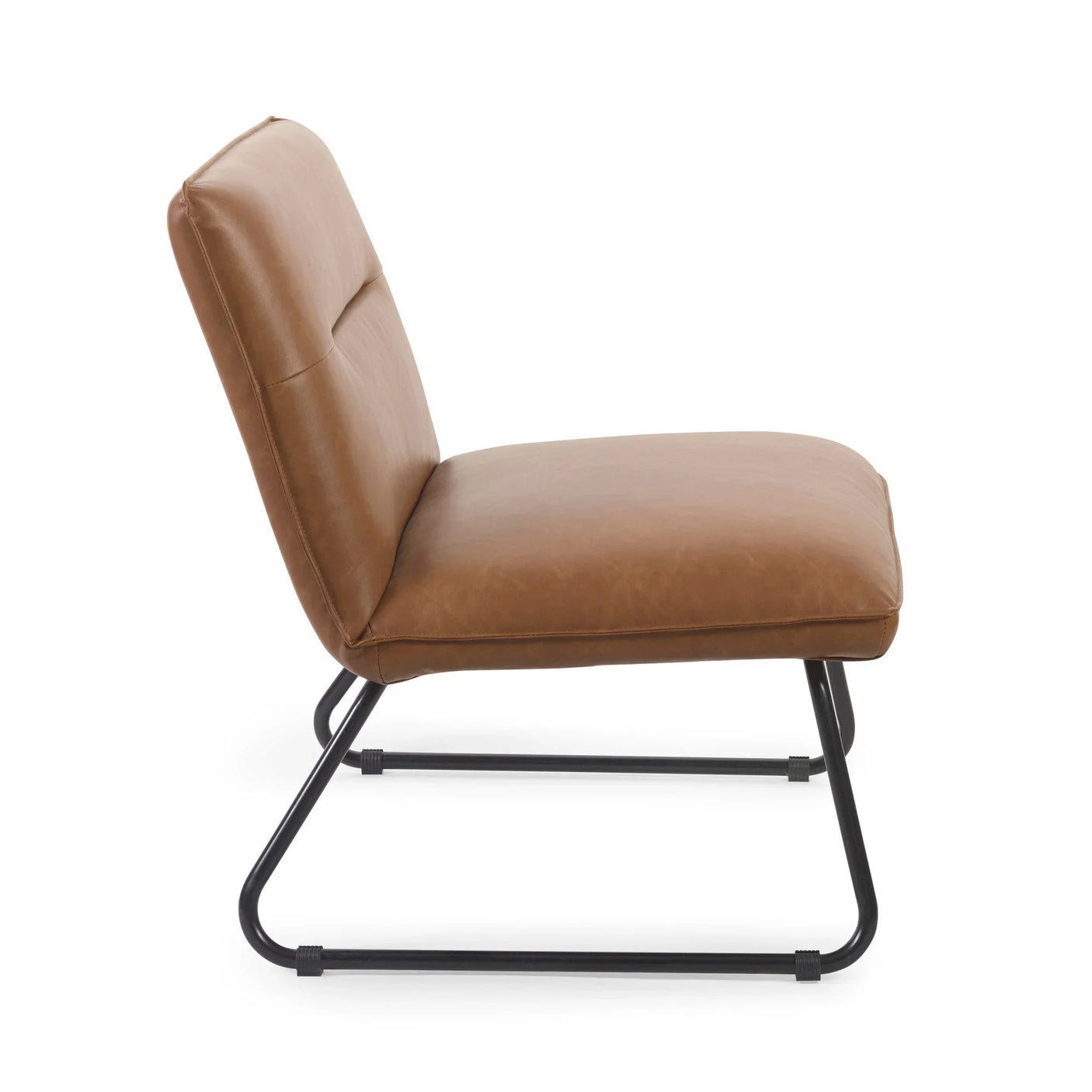 Brown leather accent chair with black metal frame, side profile view