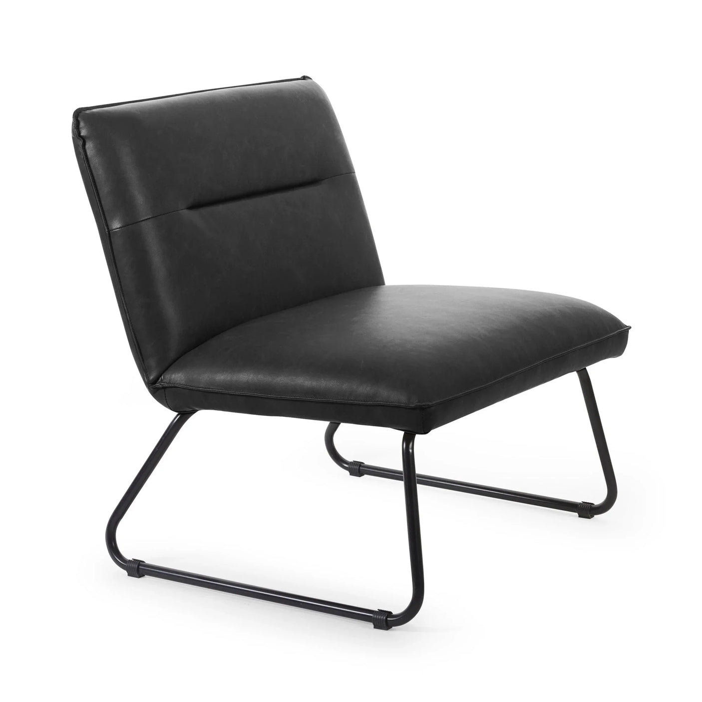 Black faux leather accent chair with metal legs and modern low-back design