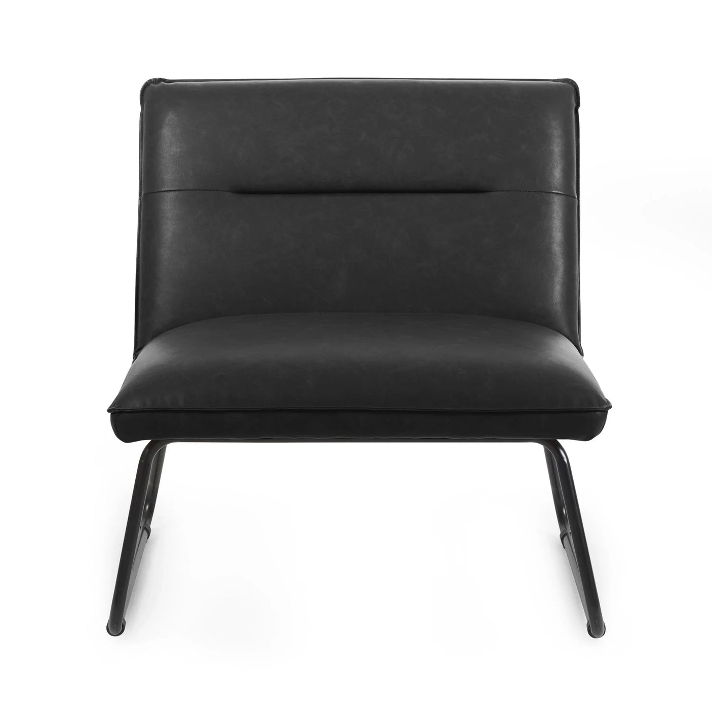 Black leather accent chair with metal legs, front view