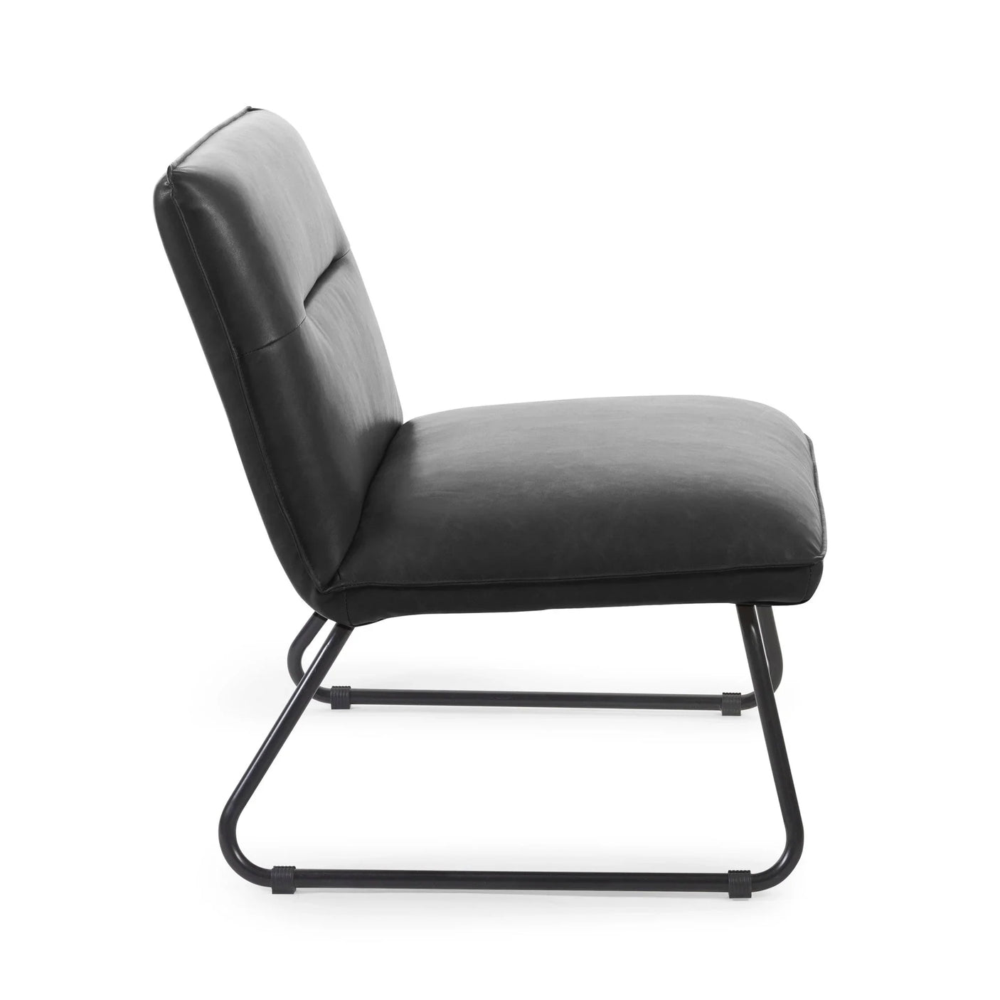 Black armless accent chair with cushioned seat and metal frame, side profile view