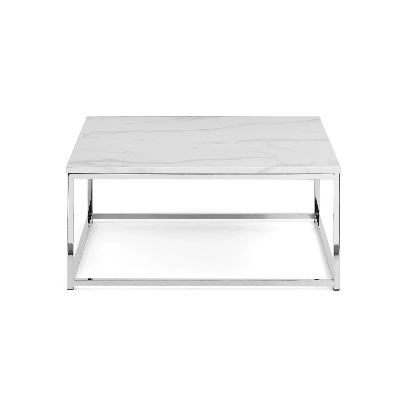 Square marble coffee table with chrome metal frame, front view on white background