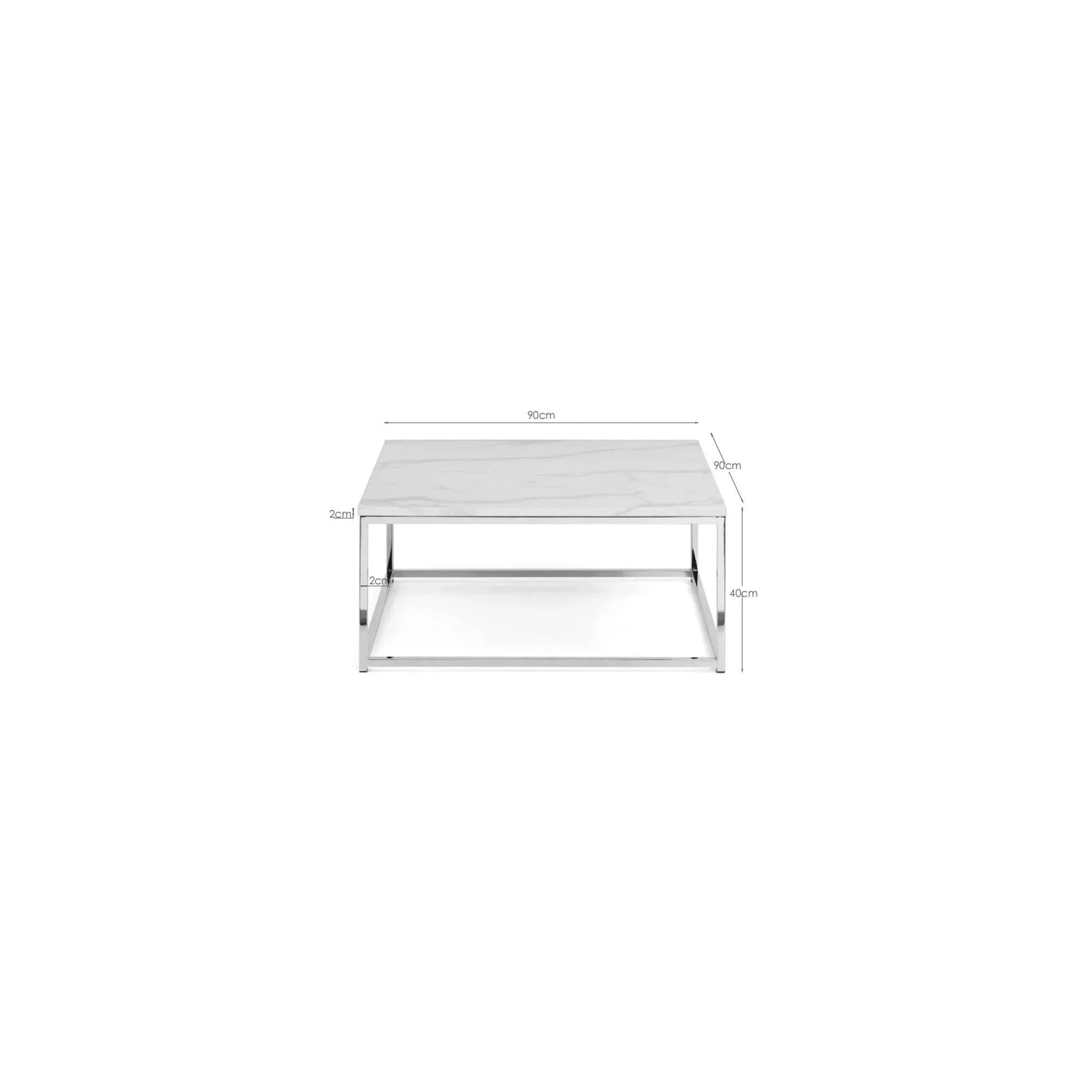 Square marble coffee table with chrome frame, 90cm width and 40cm height, front view