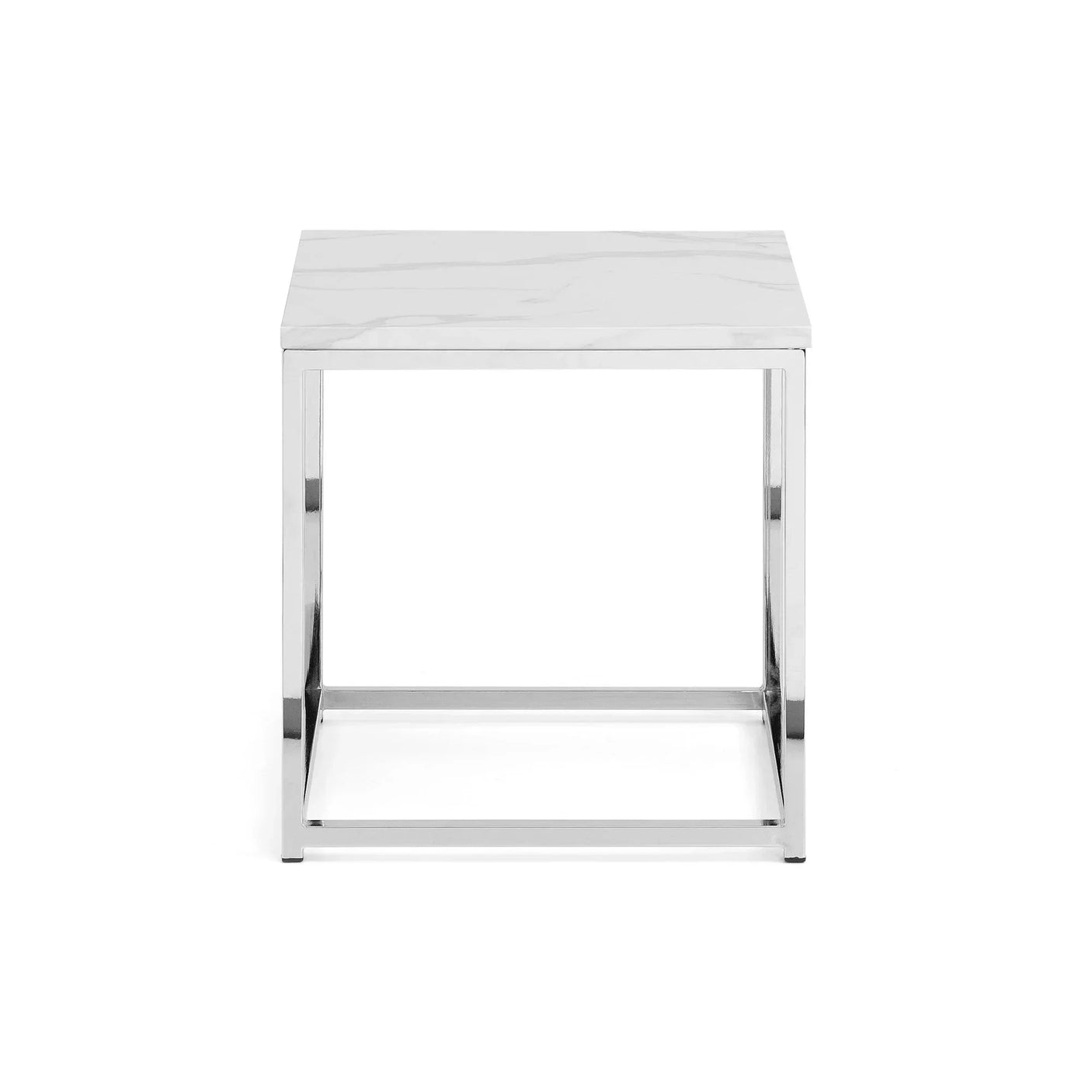 Square marble side table with chrome metal frame, front view on white background