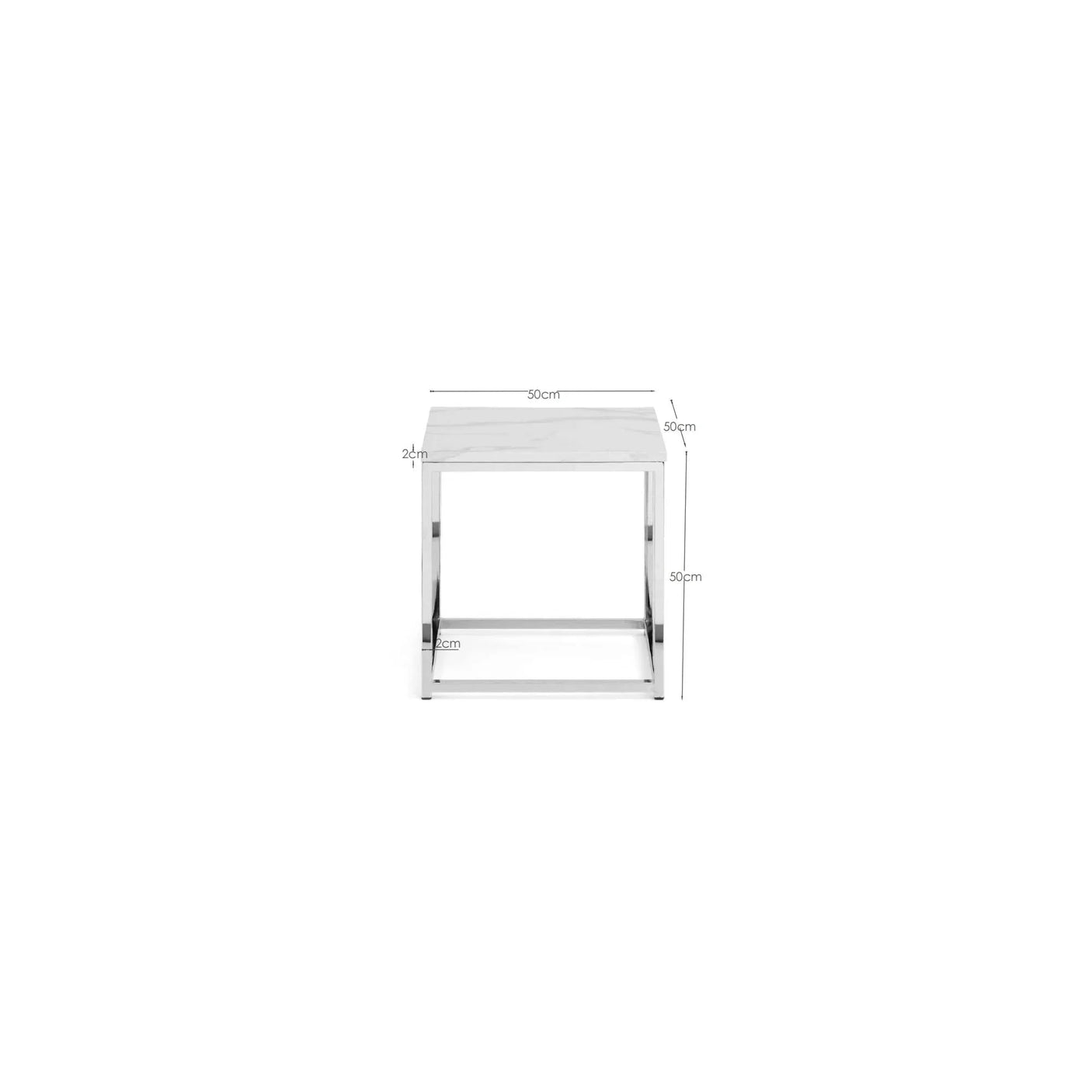 Marble effect side table with chrome frame, front view, dimensions labeled 50cm x 50cm