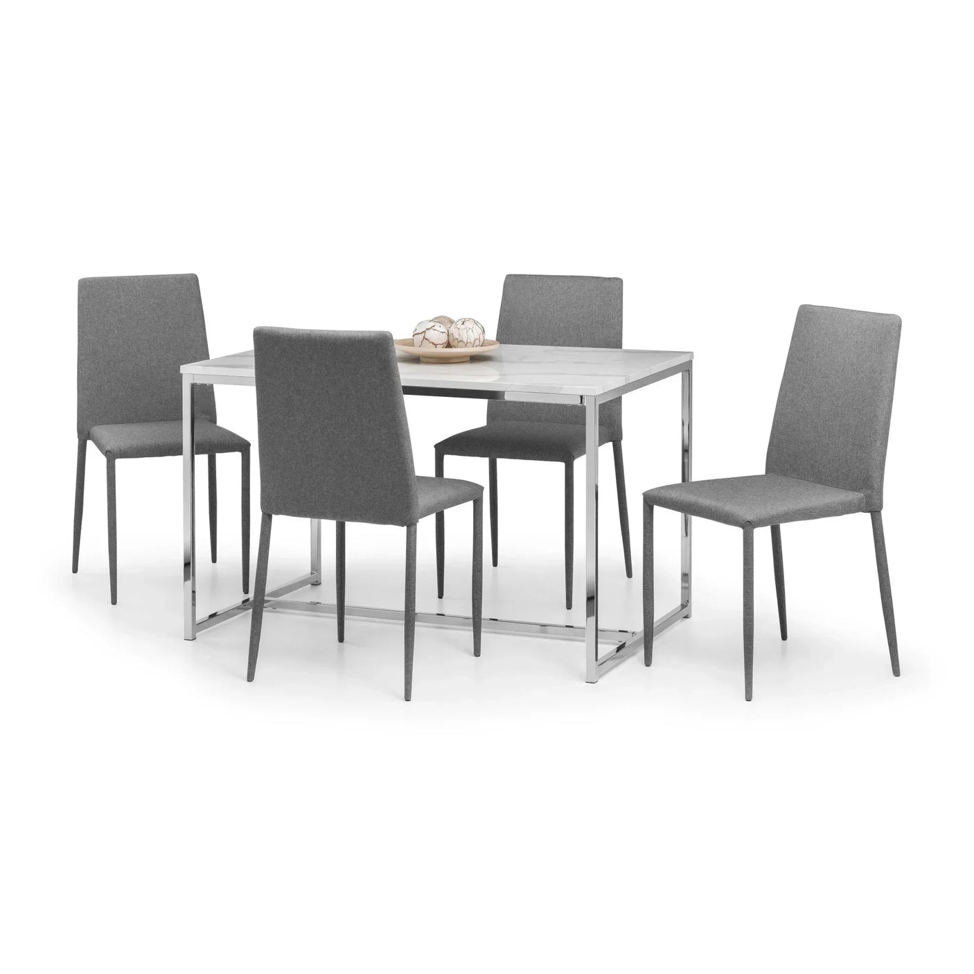 Modern dining table set with chrome frame and four grey fabric chairs