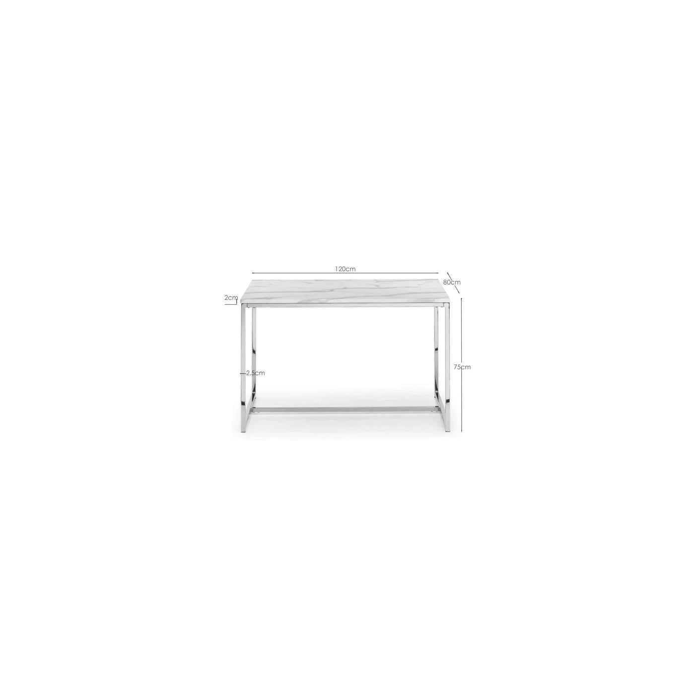 Rectangular marble dining table with chrome legs, front view, with dimensions shown