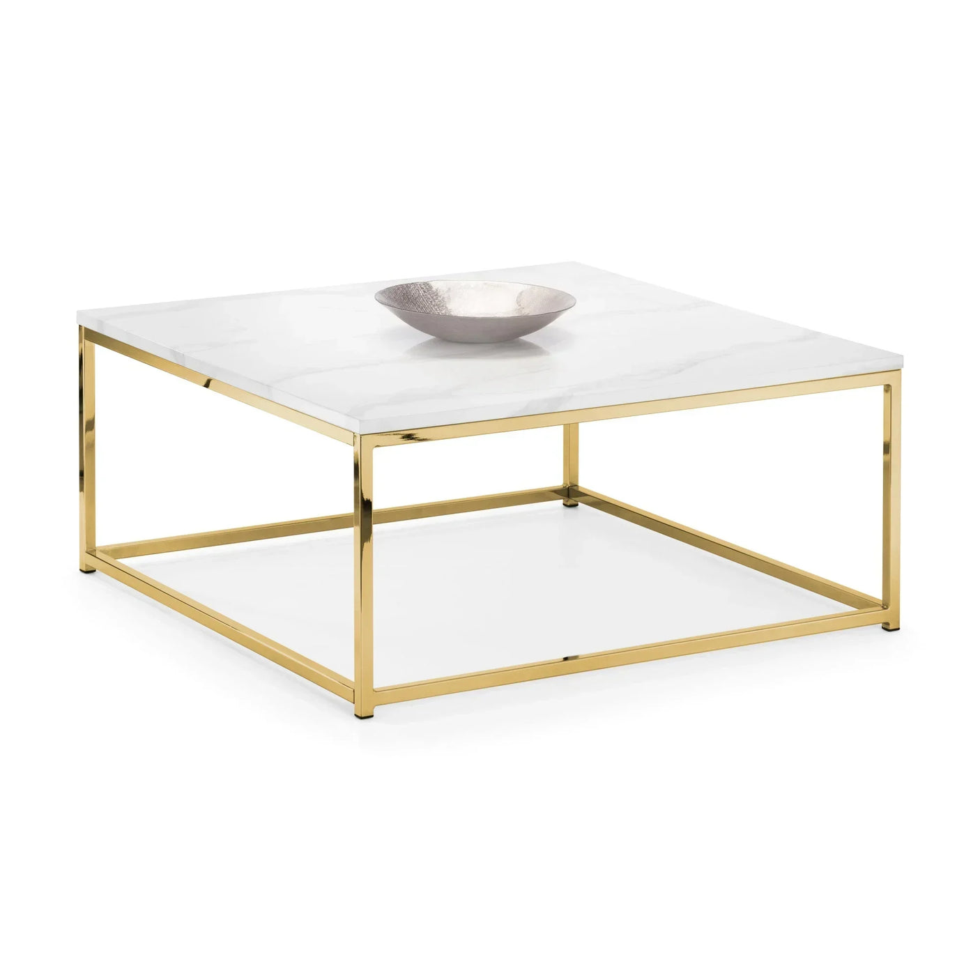 Square marble top coffee table with gold metal frame and decorative bowl