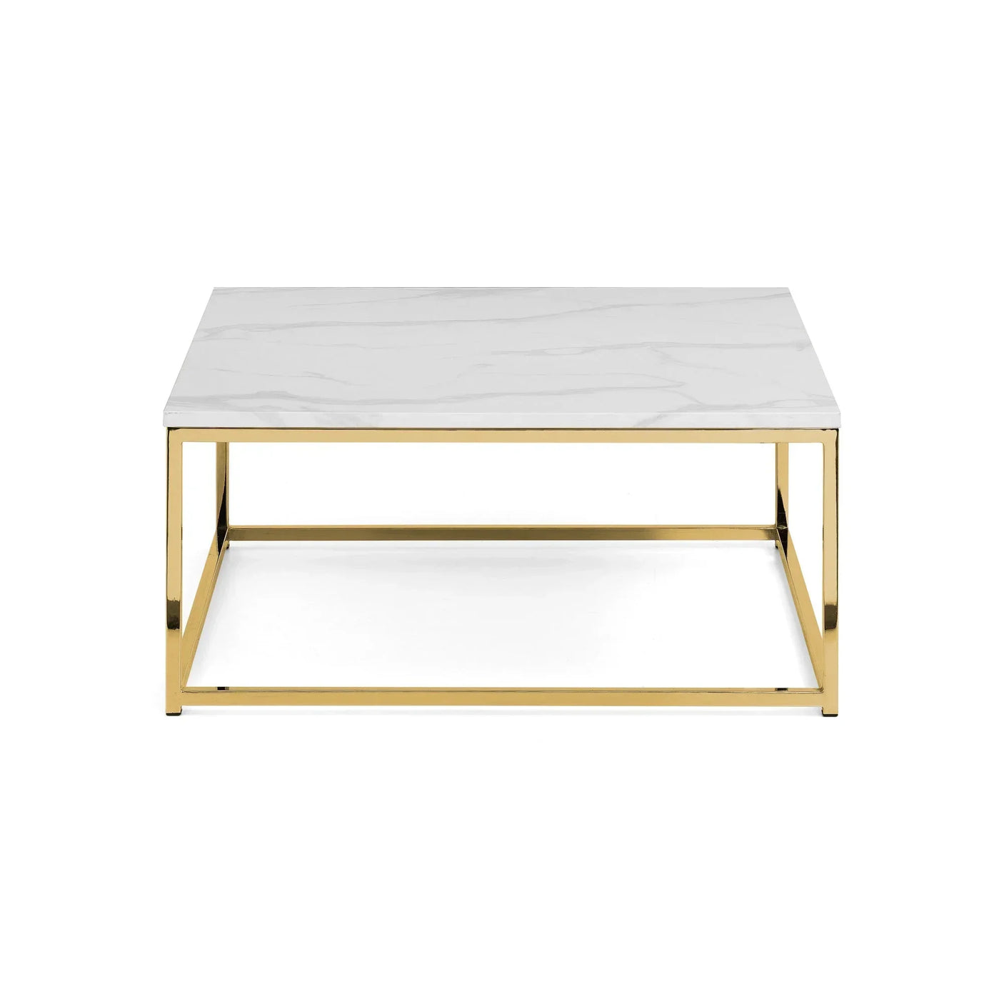 Square marble coffee table with gold metal frame, shown front on white background