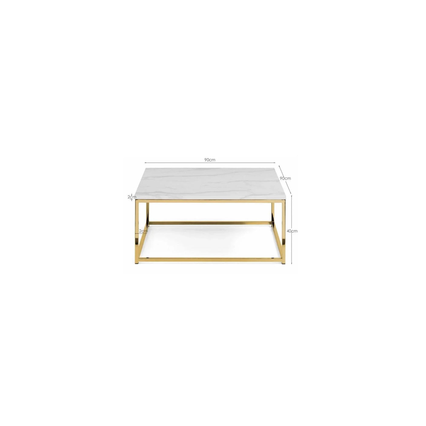 Square marble coffee table with gold frame and dimensions labeled