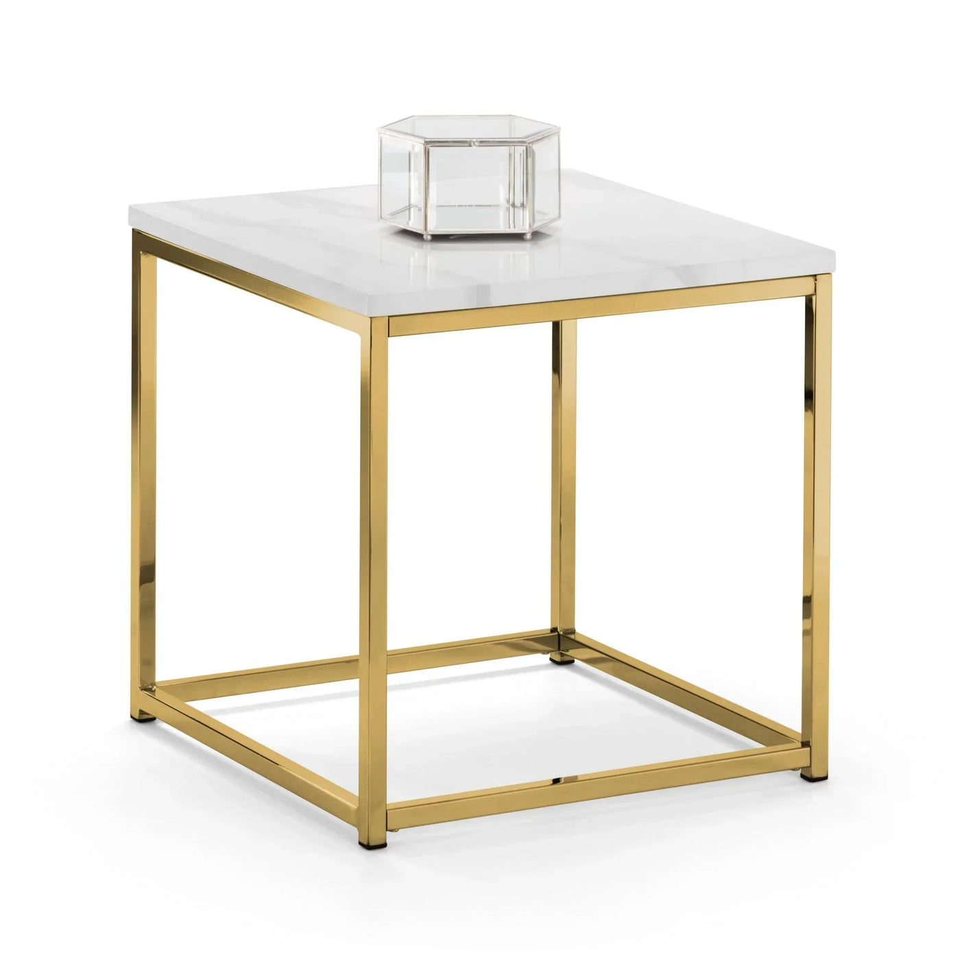 Square marble top side table with gold metal frame and geometric glass decor