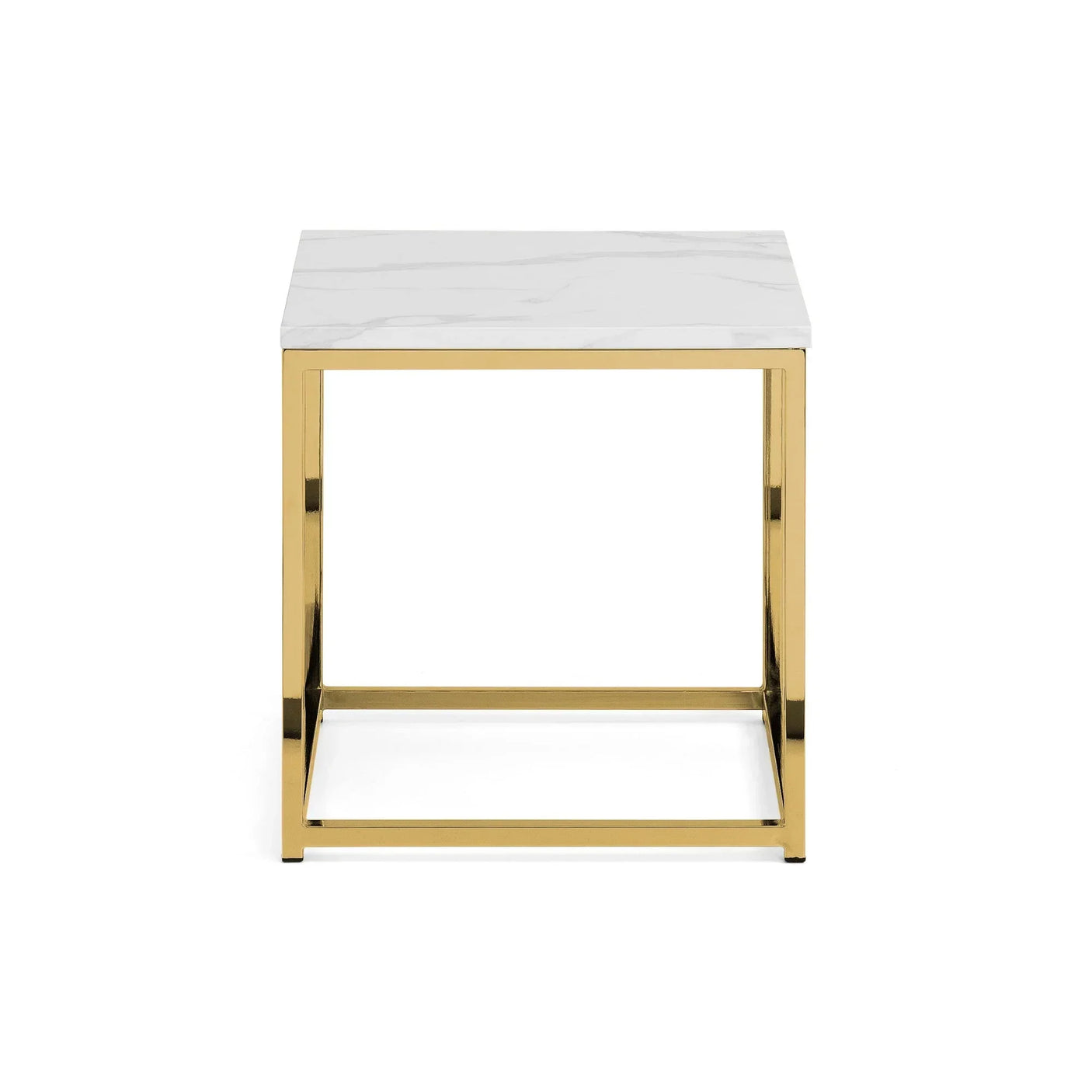 Square side table with white marble top and gold metal frame, straight front view