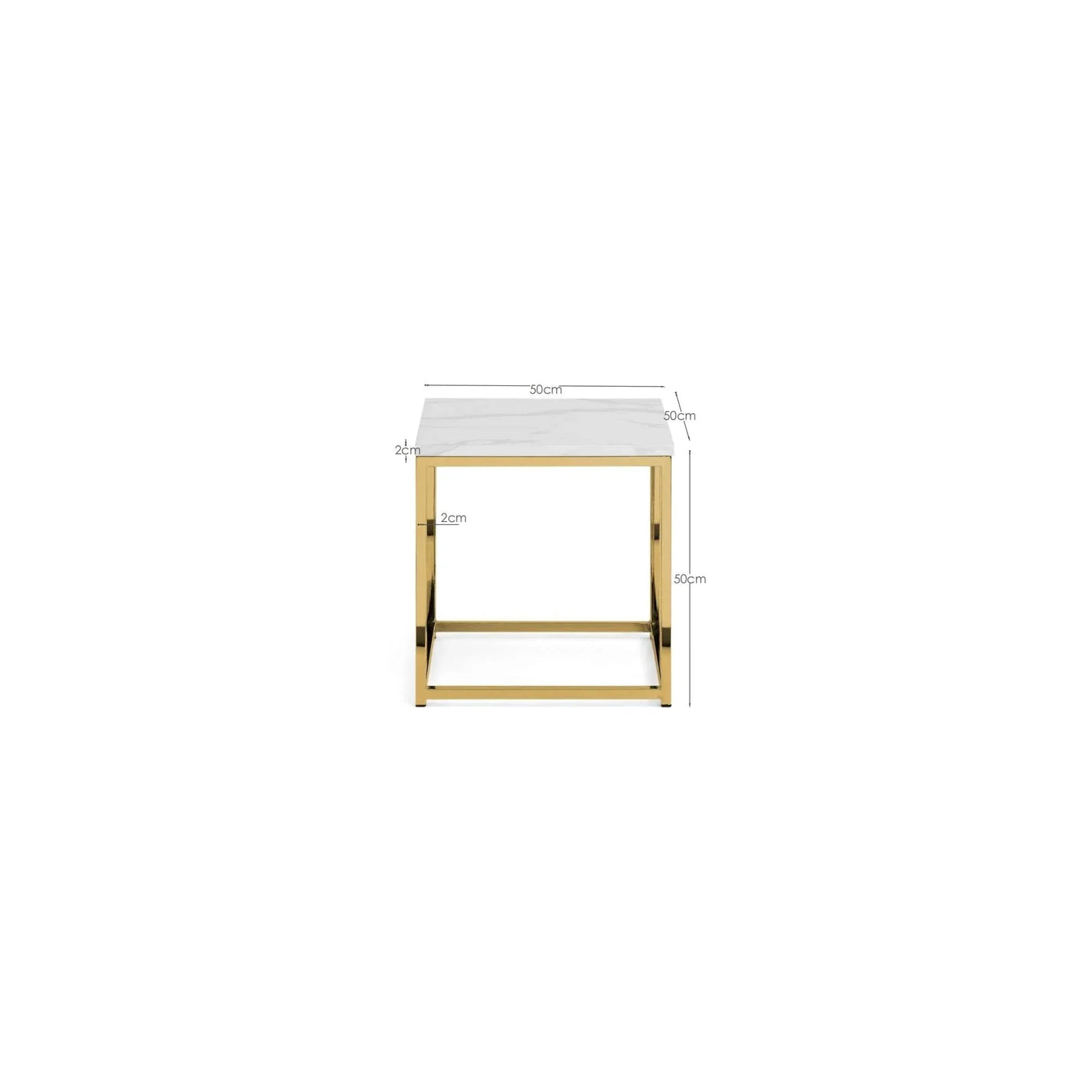Gold metal frame side table with square white marble top, front view, dimensions shown