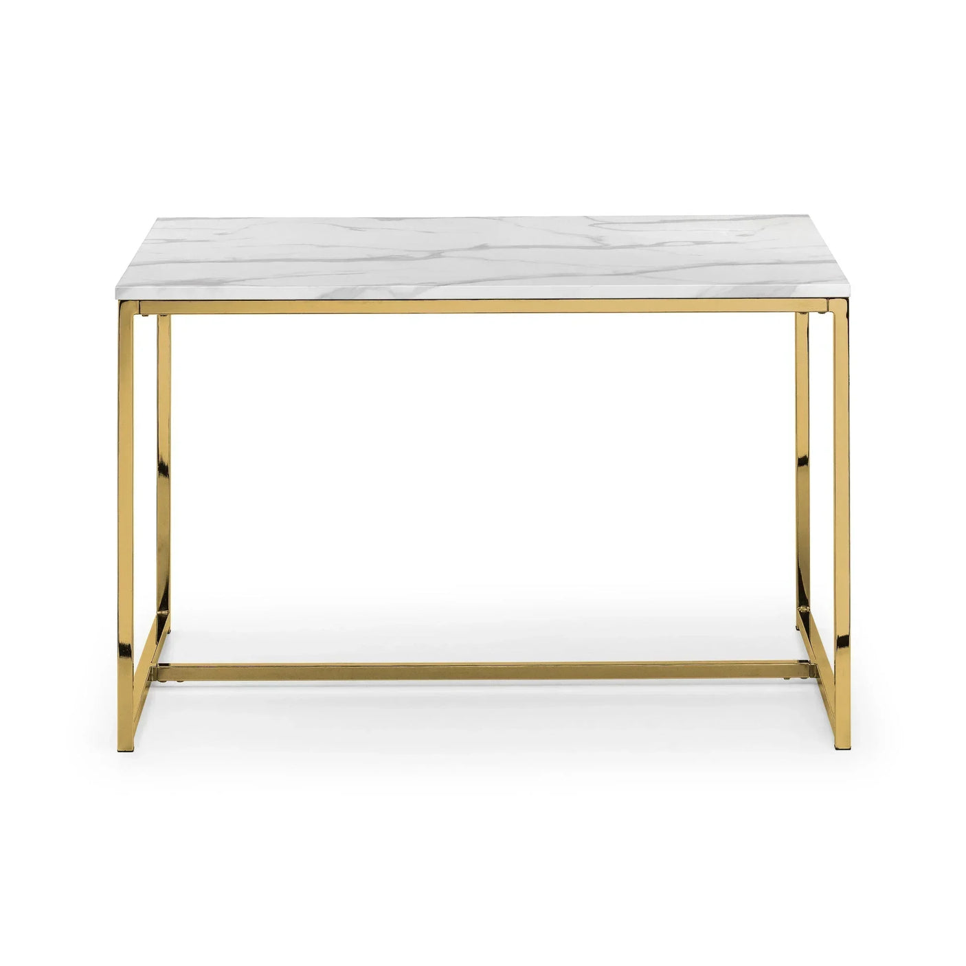 Rectangular marble top console table with gold metal frame, front view