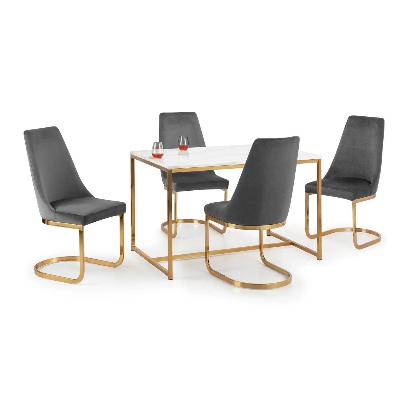 Modern dining set with white marble table and four grey velvet gold leg chairs