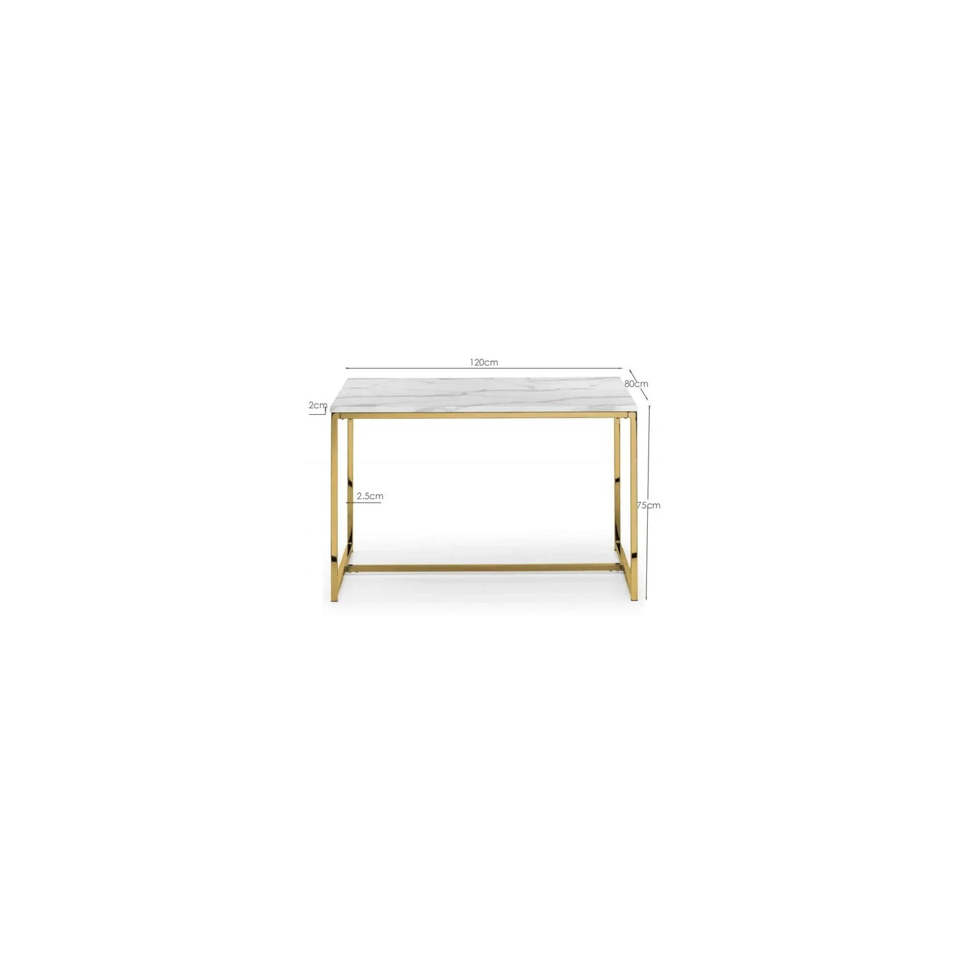 Rectangular dining table with white marble top and gold metal frame, front view with dimensions