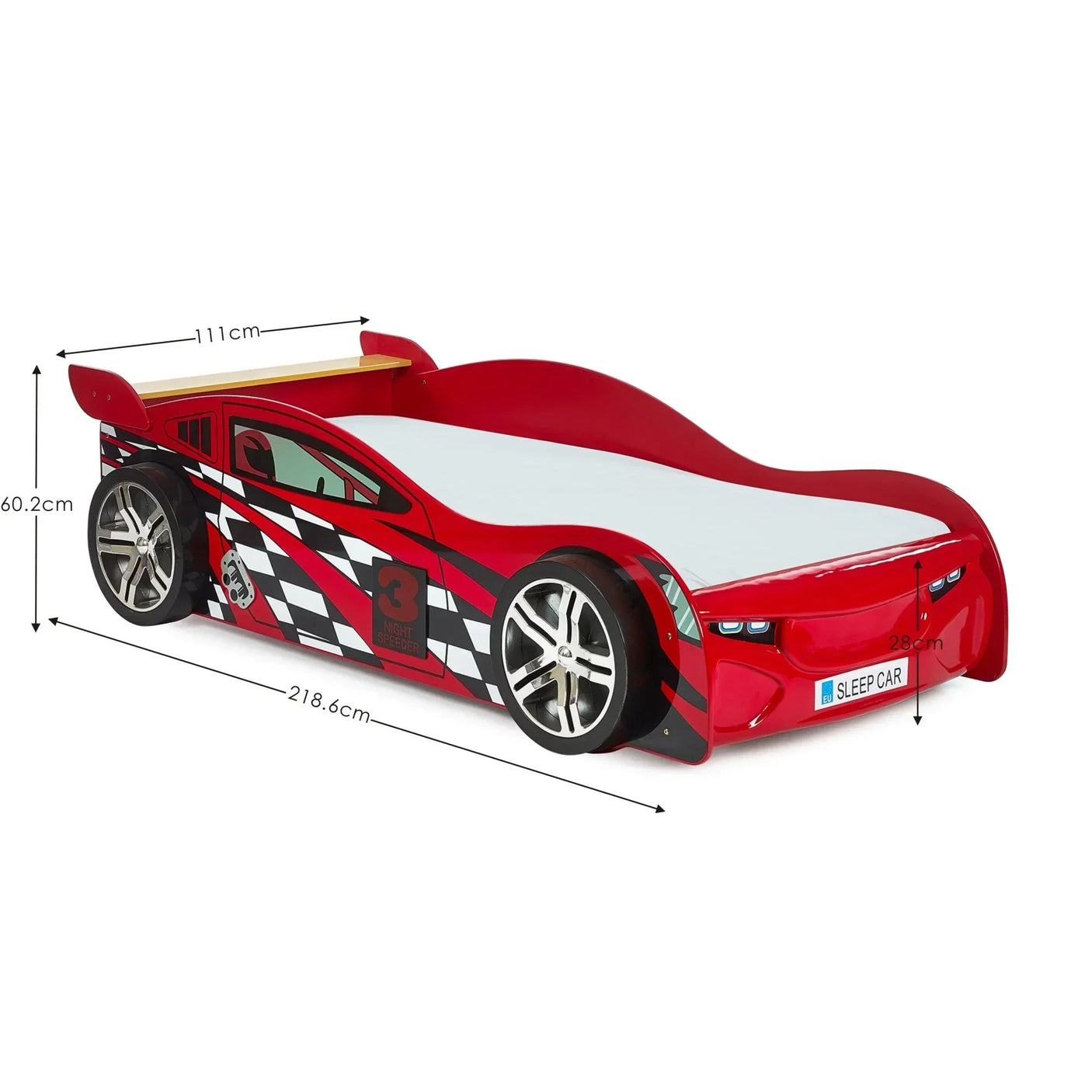 Red car-shaped kids bed with racing graphics and dimensions highlighted