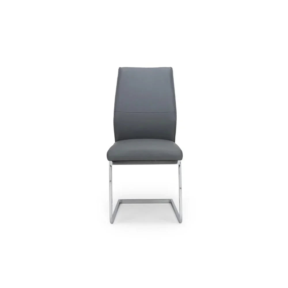 Grey dining chair with chrome cantilever base and padded seat, front view
