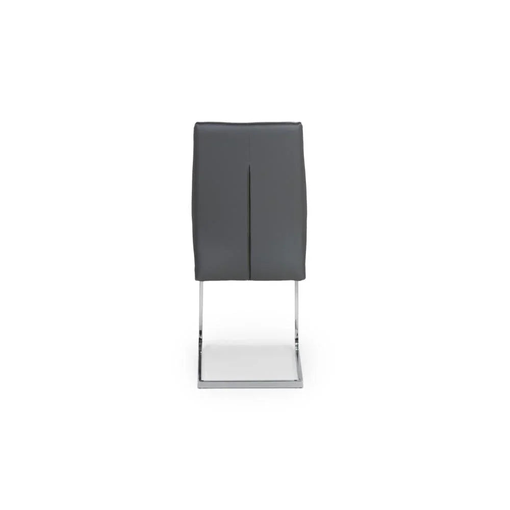 Back view of grey dining chair with chrome cantilever legs