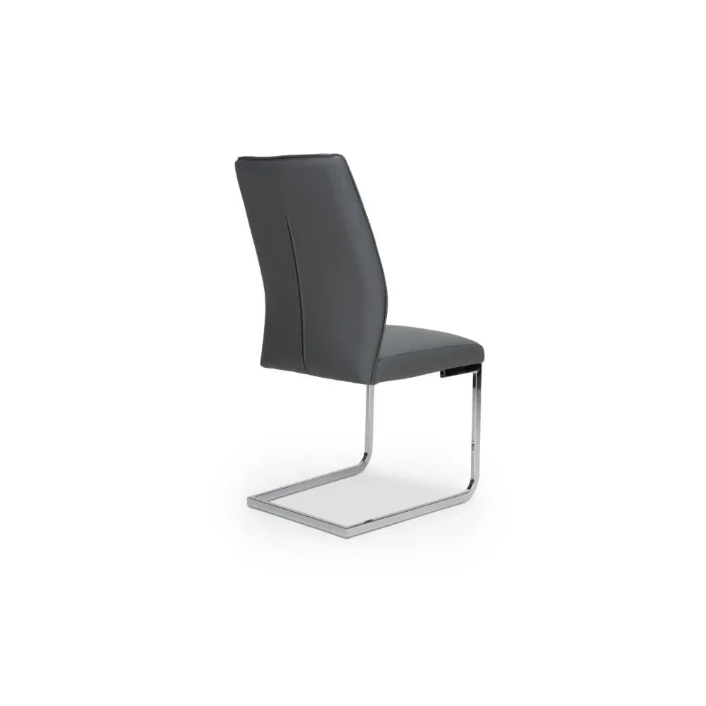 Grey dining chair with chrome cantilever base, rear view showing padded backrest