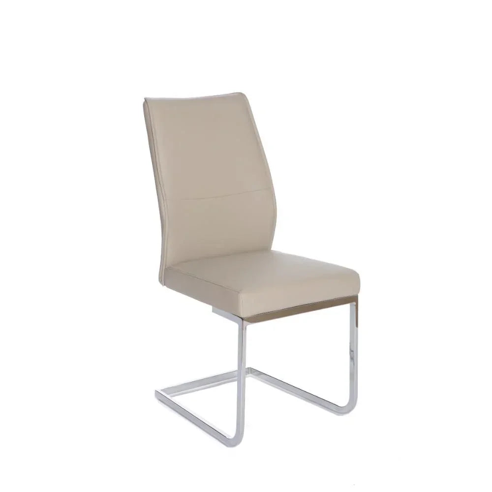 Beige faux leather dining chair with chrome cantilever legs side view