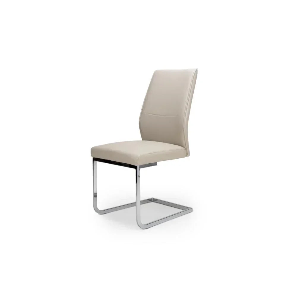 Beige dining chair with chrome cantilever frame and cushioned seat on white background