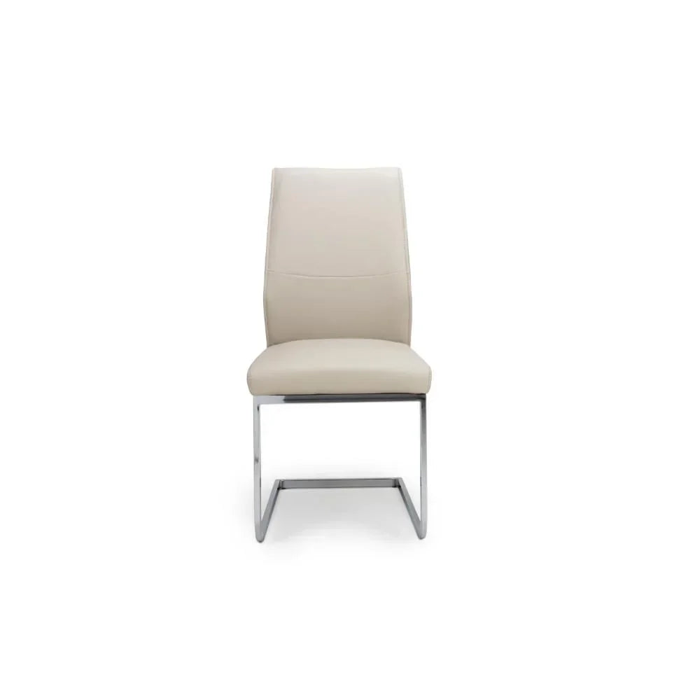 Beige dining chair with chrome cantilever legs and padded seat, front view