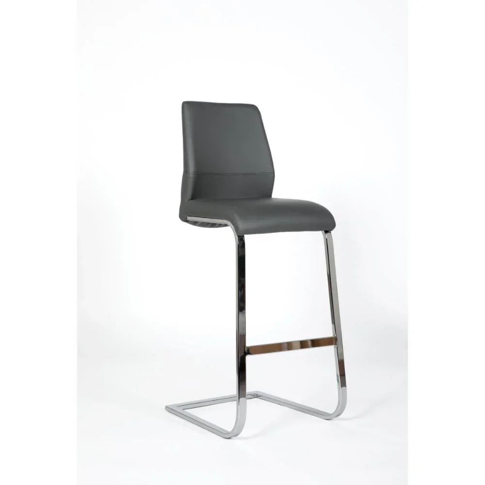 Grey bar stool with chrome cantilever legs and padded backrest on white background