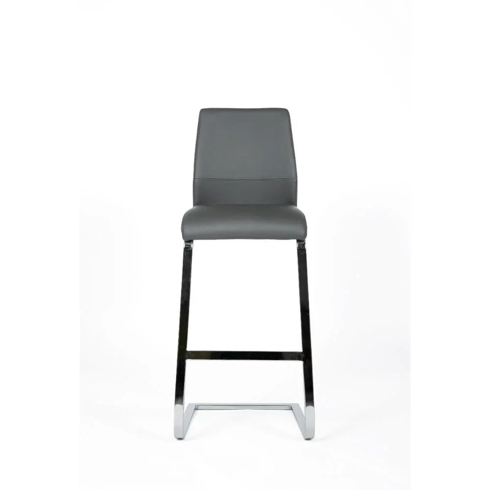 Grey bar stool with chrome cantilever legs and cushioned seat on white background
