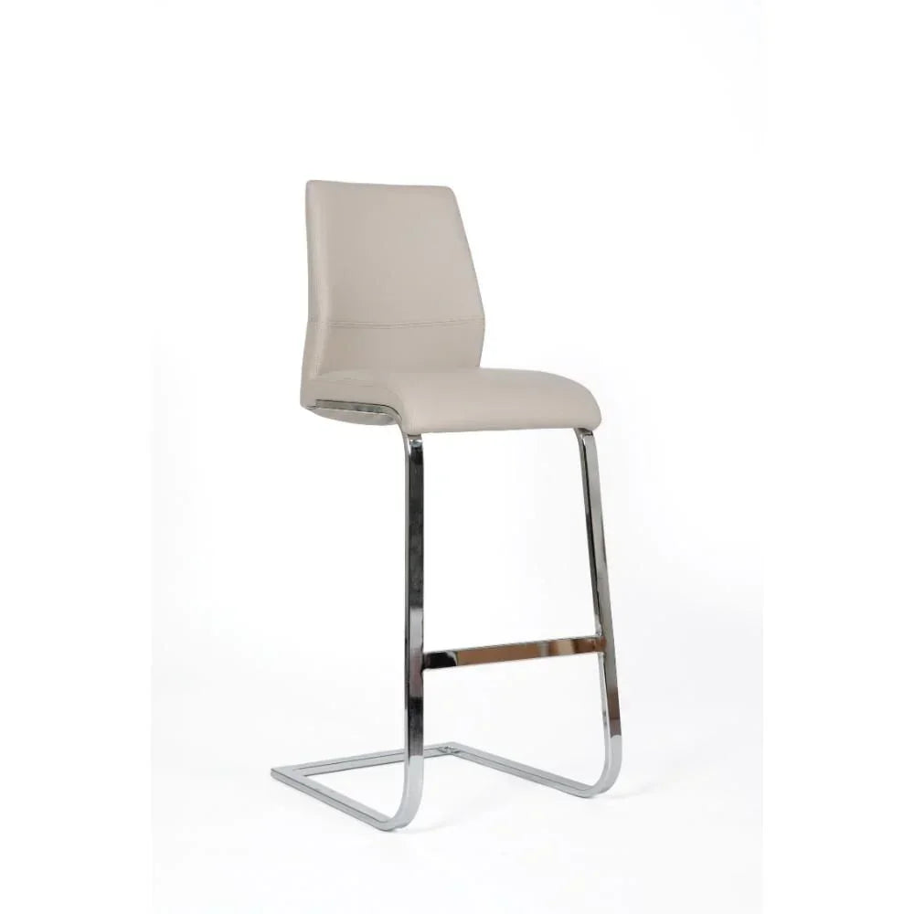 Beige faux leather bar stool with chrome cantilever frame and low backrest