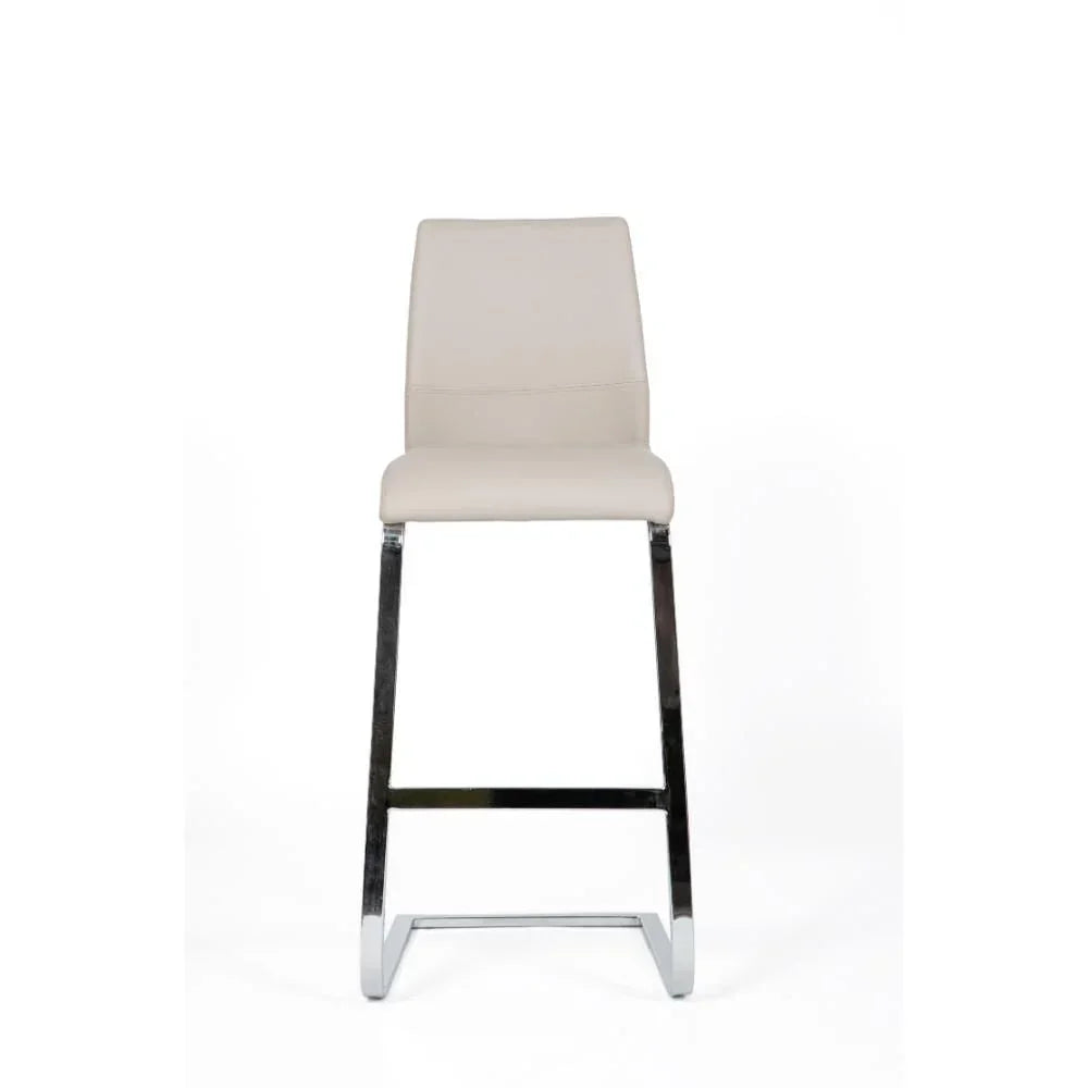 Beige bar stool with chrome legs and padded seat, front view on white background