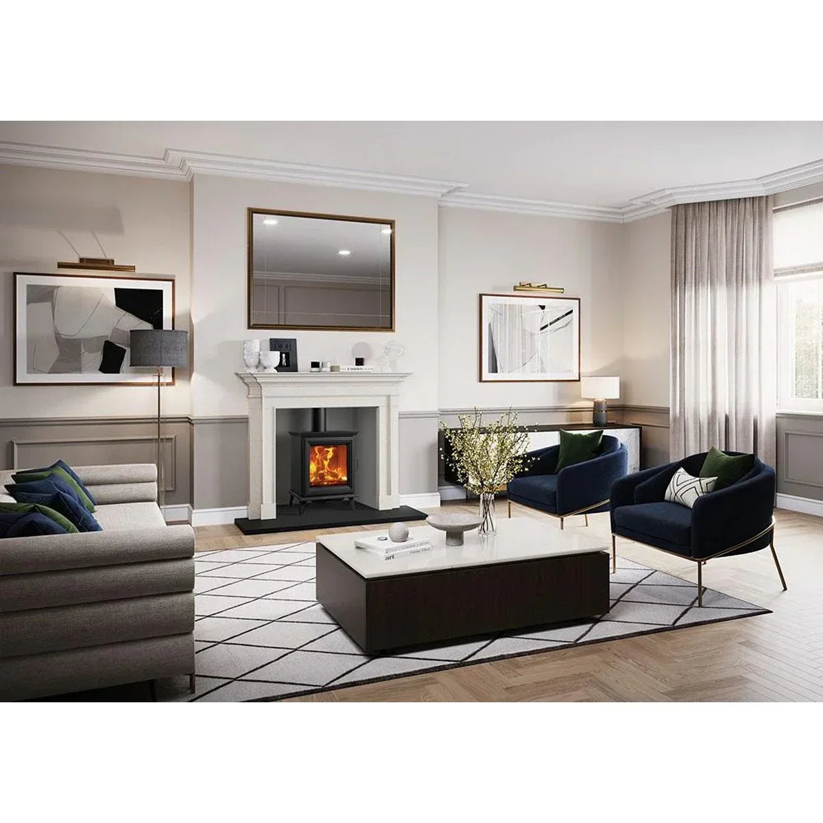 Modern living room with marble coffee table, grey sofa, navy accent chairs, fireplace and rug