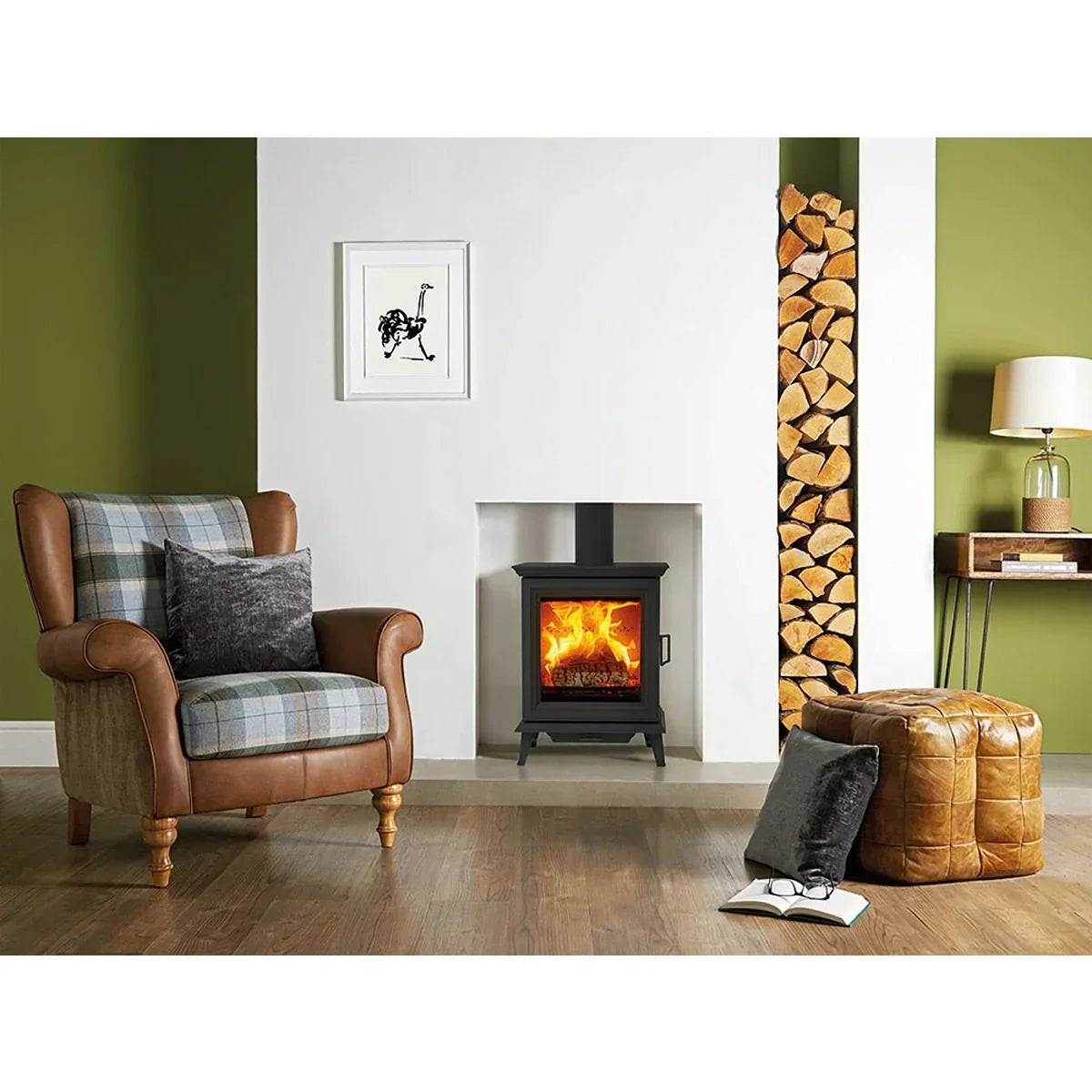 Plaid and leather armchair with grey cushion beside wood burning stove in modern living room