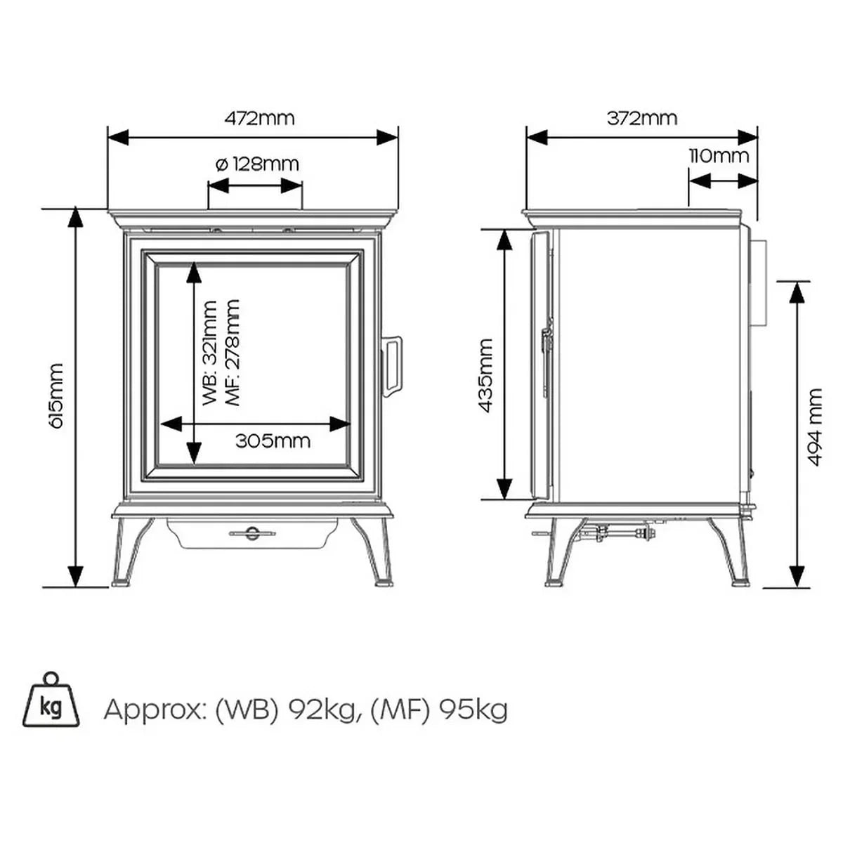 Wood burner stove technical drawing with measurements and weight details shown front and side