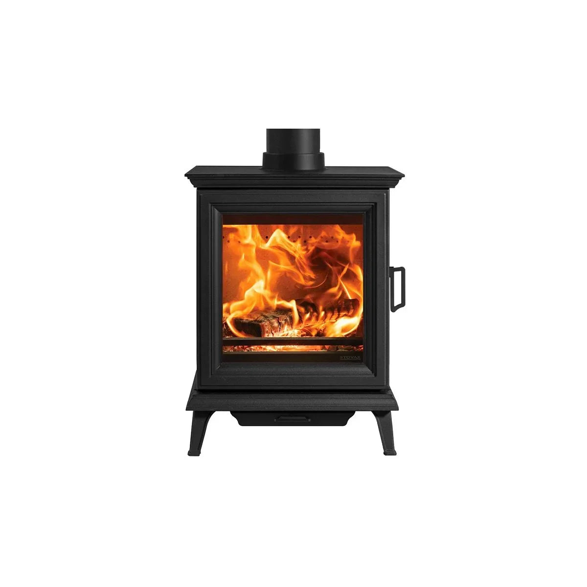 Black wood burning stove with visible fire, front view, cast iron body and glass door