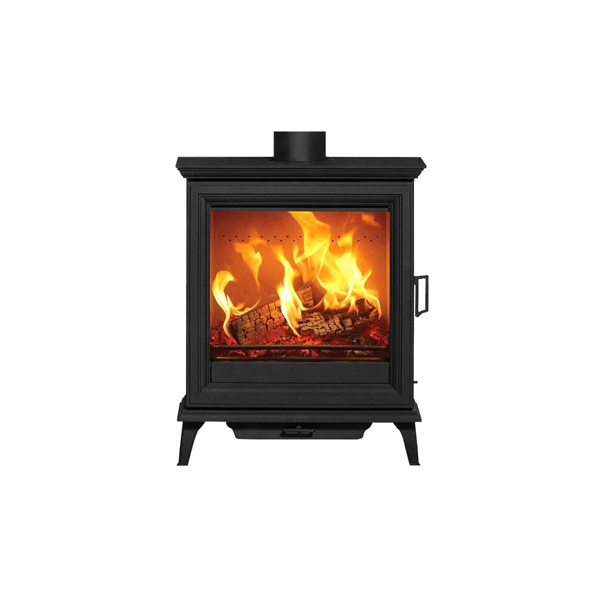 Black wood burning stove with visible fire and logs inside, front view on white background