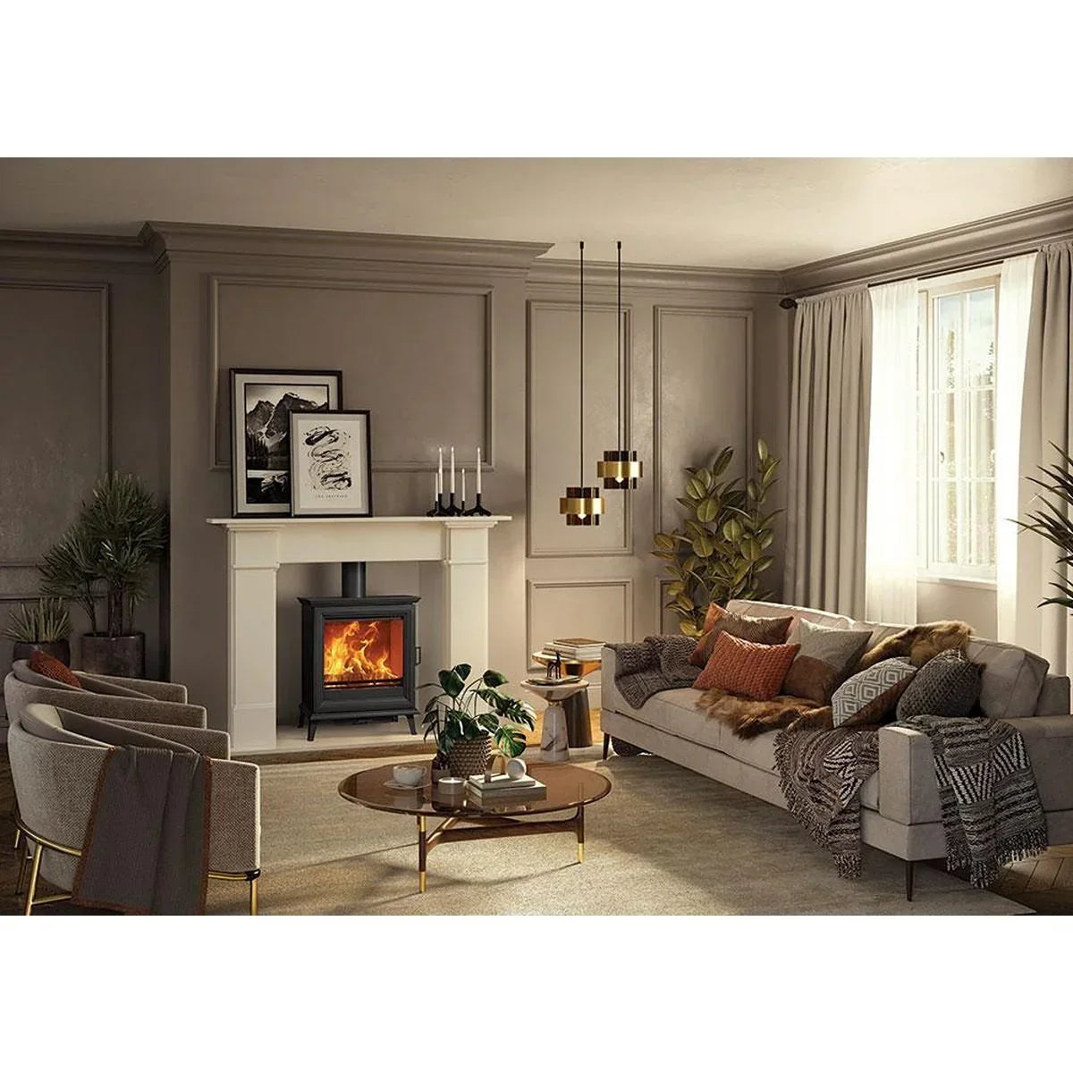 Modern living room with grey sofa, armchairs, wood burner, and coffee table on beige carpet