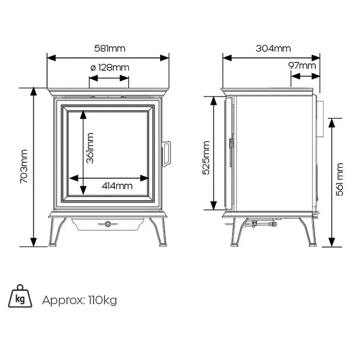 Wood burning stove technical drawing with measurements and dimensions in millimeters