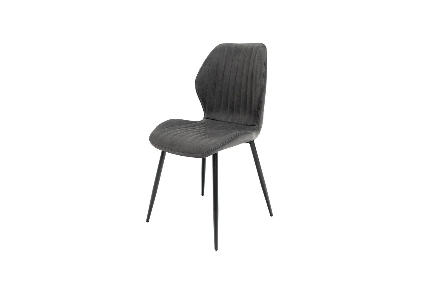 Dark grey velvet dining chair with black metal legs and vertical stitching detail