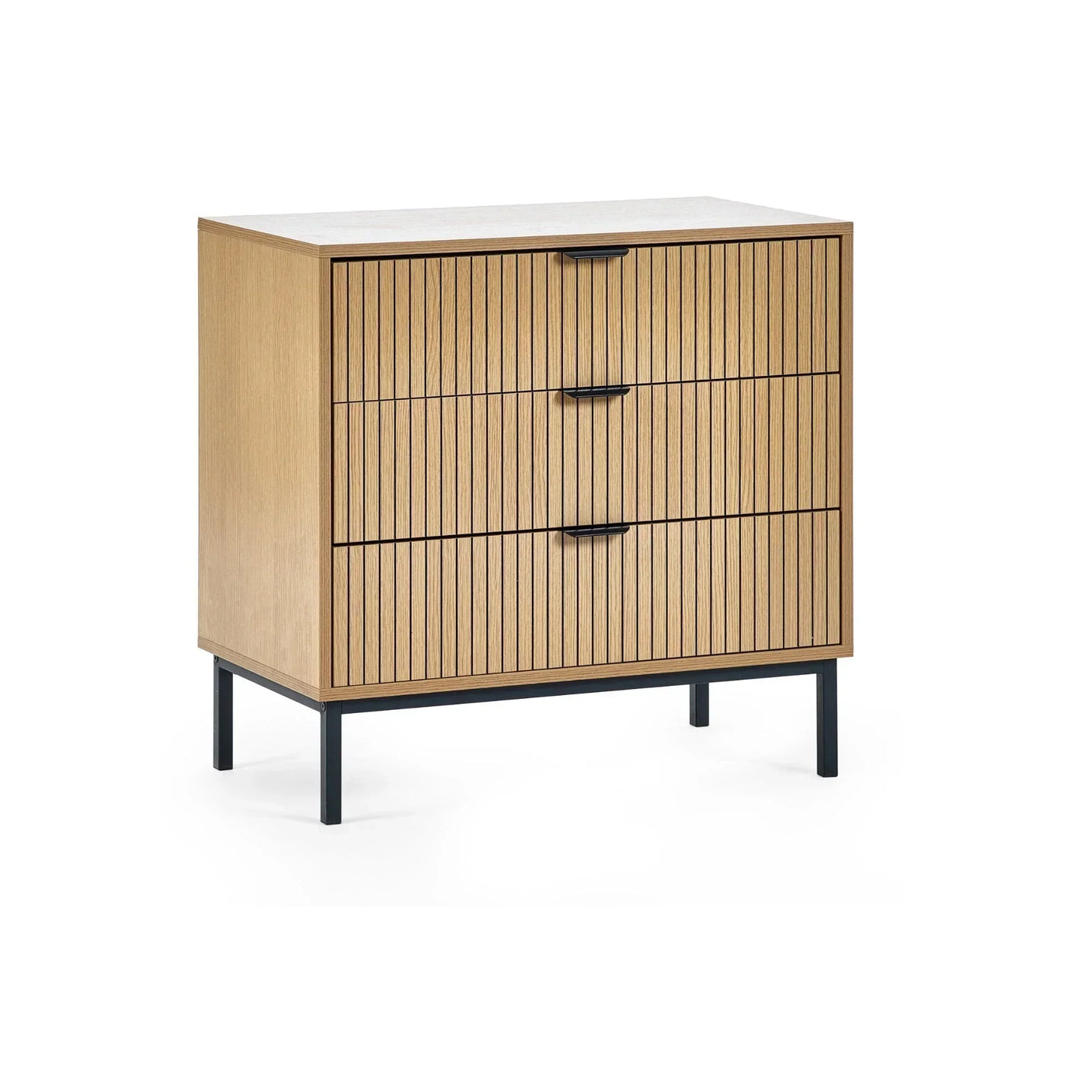 Three drawer wooden chest with black legs and vertical slatted front design